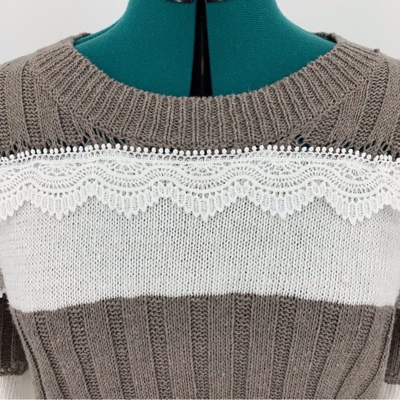 MISSLOOK Taupe and Cream Striped Long Sleeve Sweater with Lace Accents, Medium - Picture 4 of 15